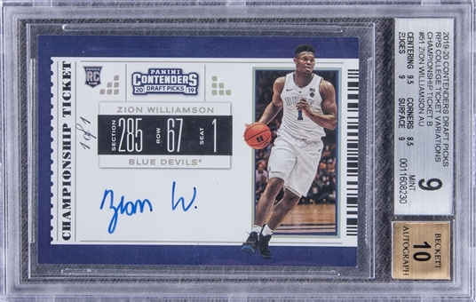 2019-20 Panini Contenders Draft Picks RPS College Ticket Variations Championship Ticket B #51 Zion Williamson Signed Rookie Card (#1/1) - BGS MINT 9/BGS 10